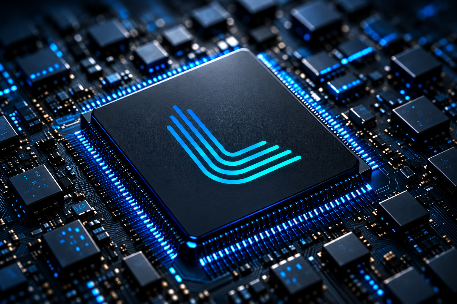 Chip da Linear Compute sobre uma placa iluminada